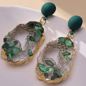 Elegant Green and Gold Geode Earrings